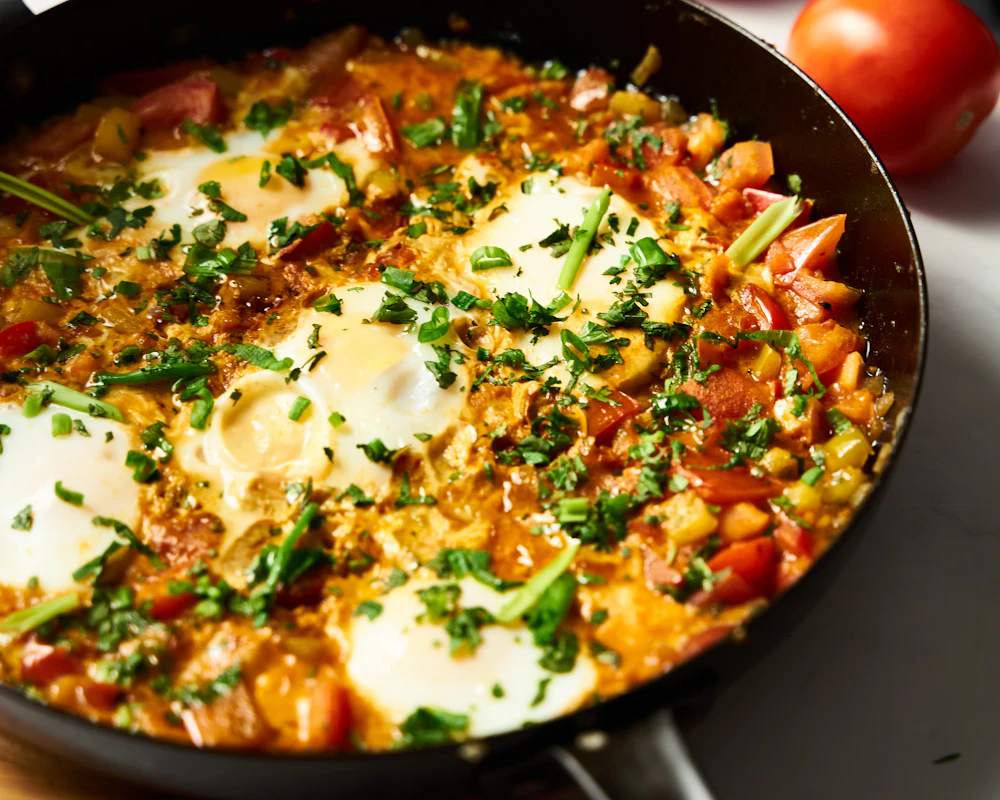 Shakshuka mit pochierten Eiern, Tomaten und frischen Kräutern in einer Pfanne