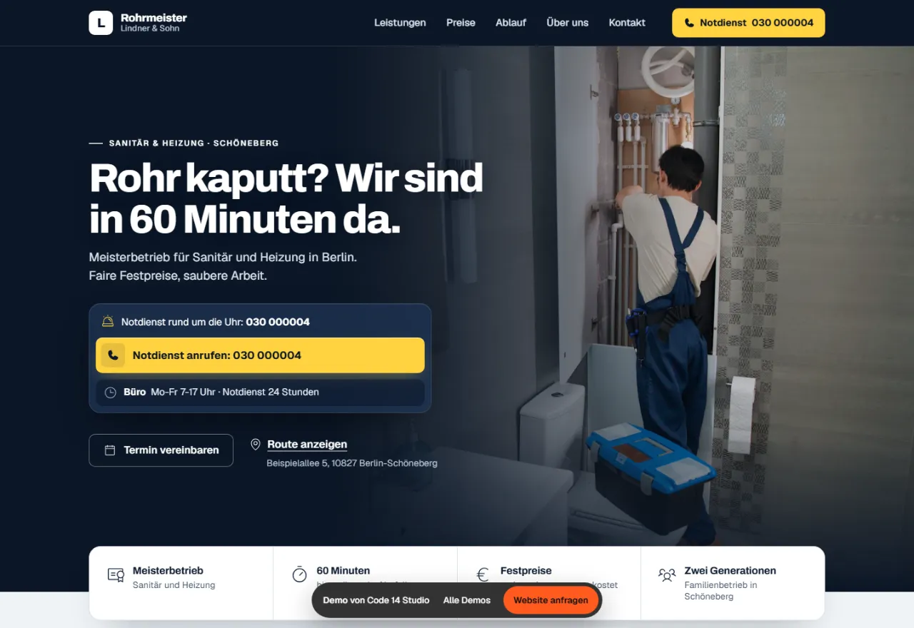 Screenshot der Demo-Website Rohrmeister Lindner & Sohn